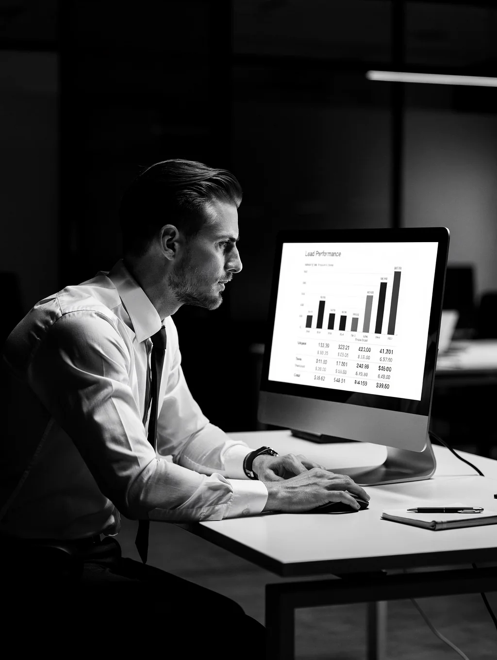Professional insurance agent reviewing growth metrics in a modern office
